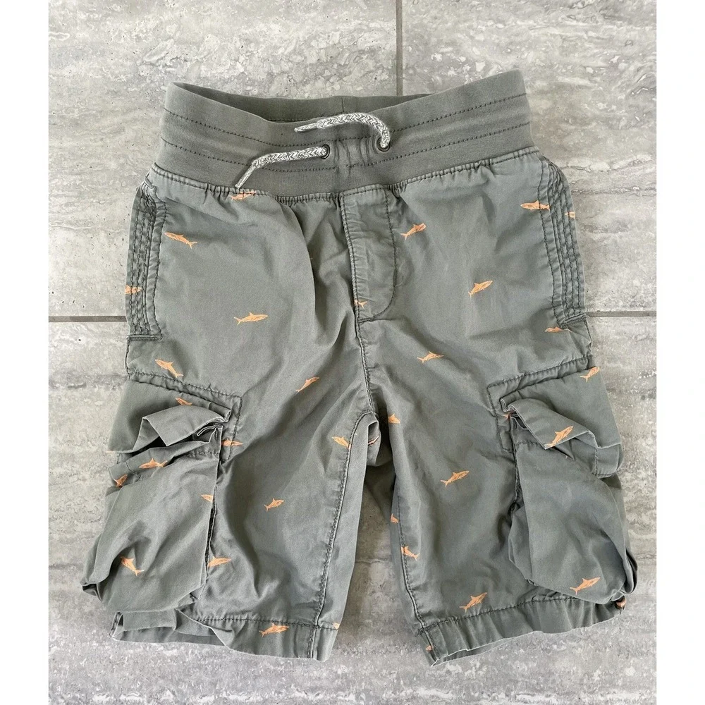 Gap Kids Cargo Shorts Green Orange Shark Print Pullup Small 6-7